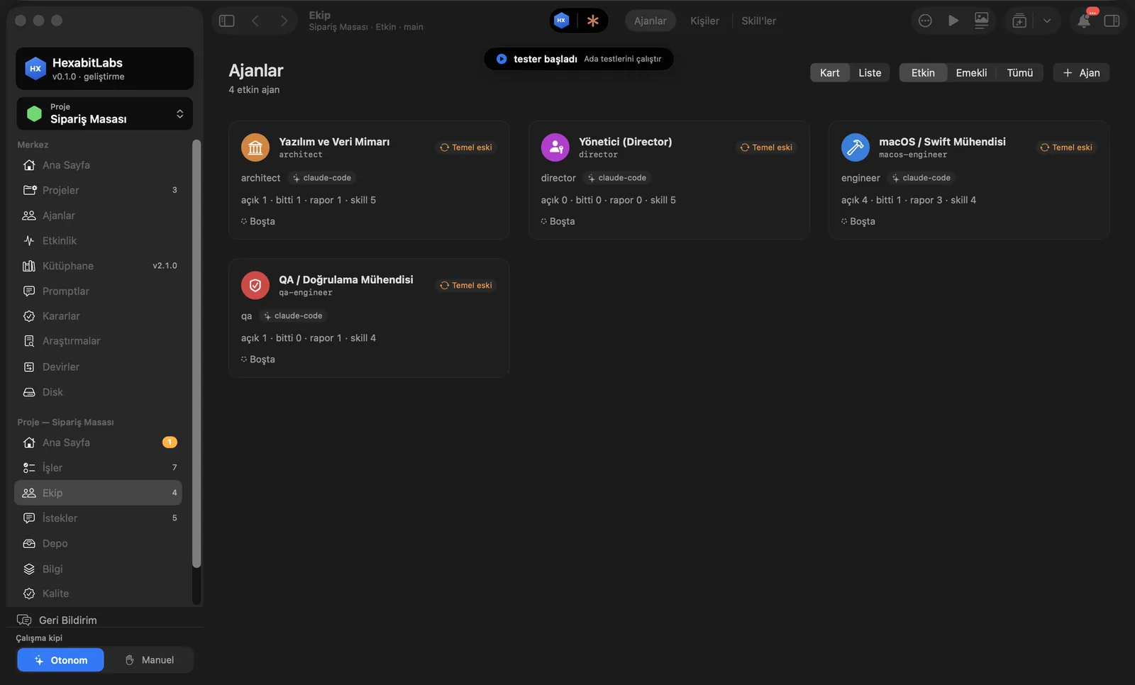 Ekip ekranı: Yazılım ve Veri Mimarı, Yönetici, macOS / Swift Mühendisi ve QA ajan kartları