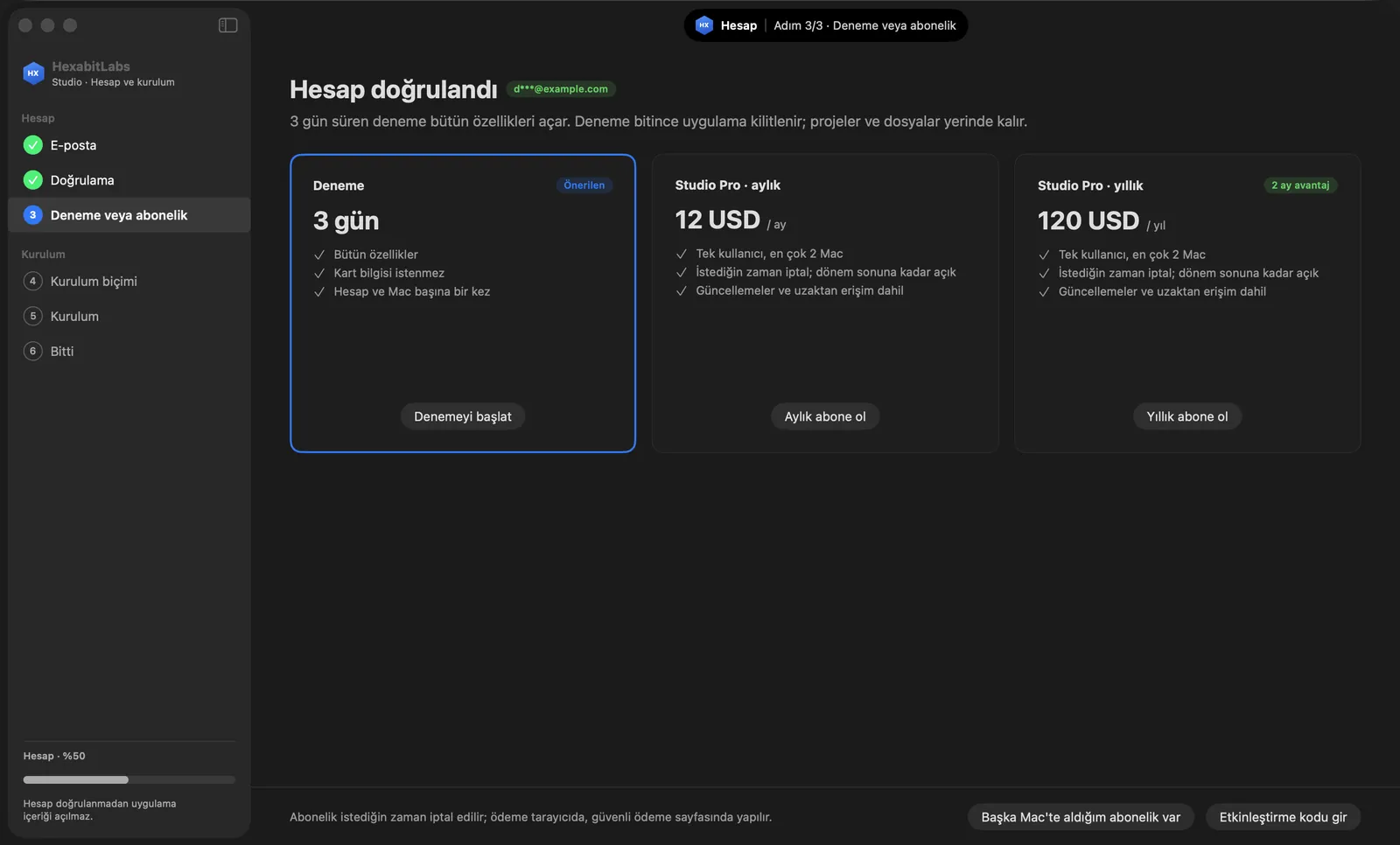 Hesap doğrulandı ekranı: 3 gün deneme, Studio Pro aylık 12 USD ve yıllık 120 USD kartları