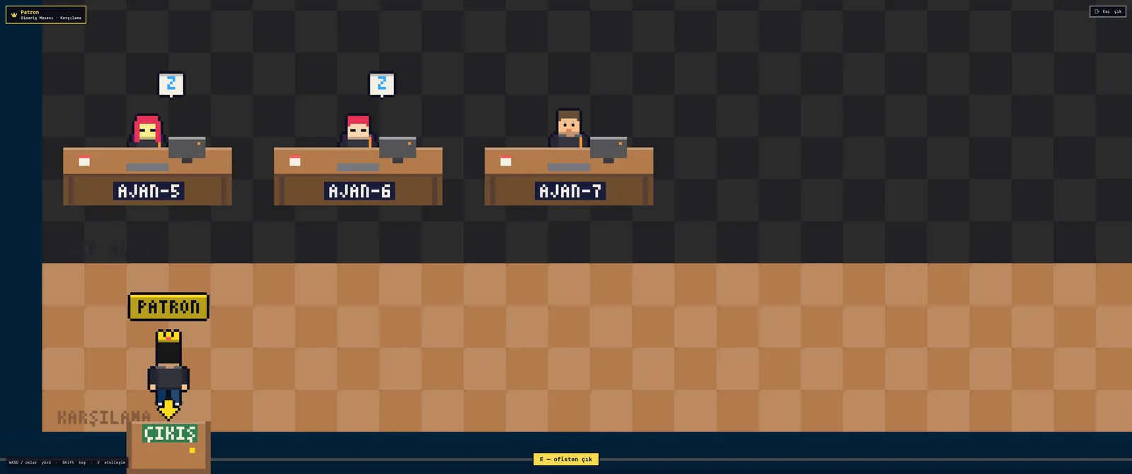 Enter office full-screen scene: the Boss character, agent desks and the “E — leave office” hint