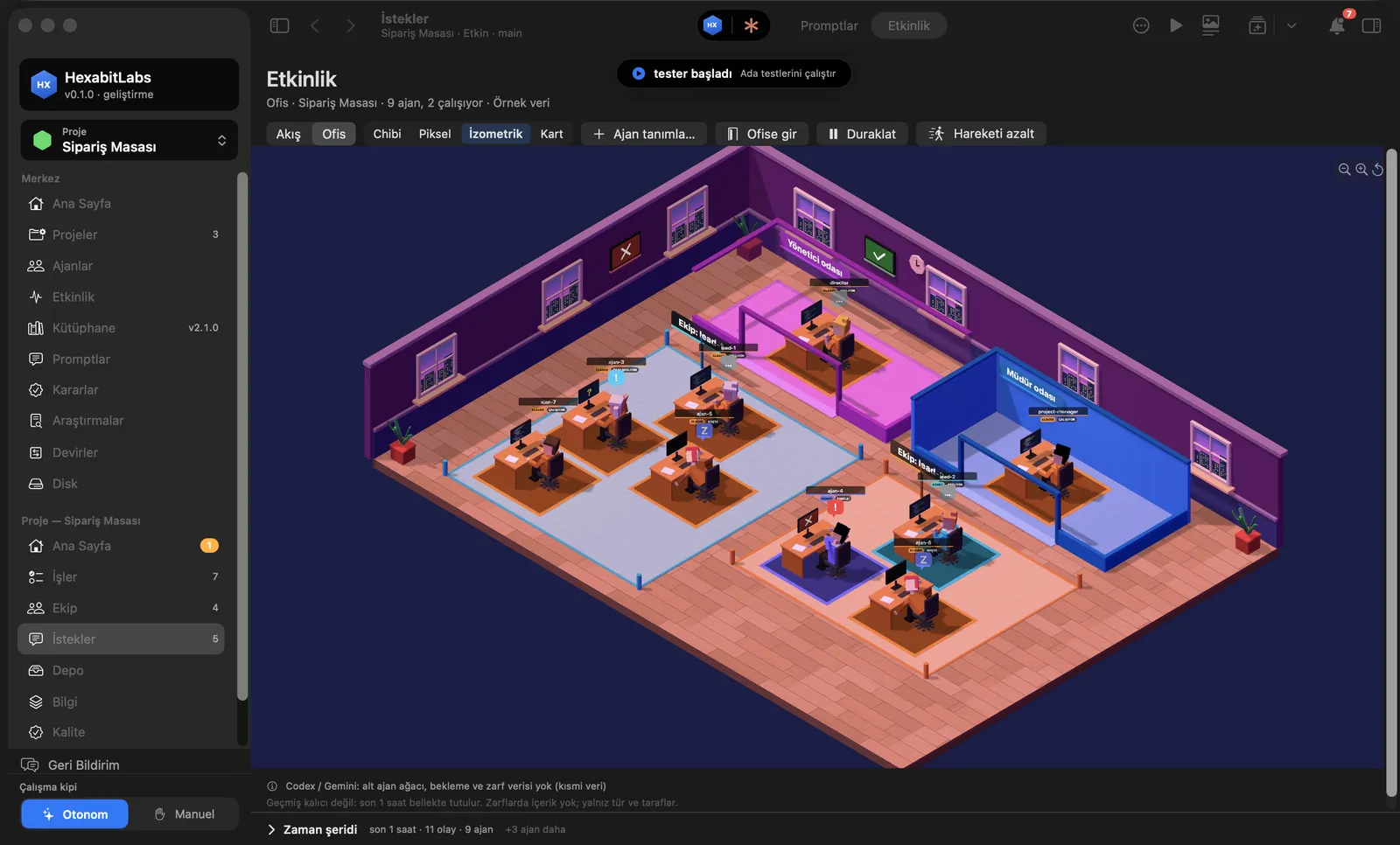Isometric Agent Office: a 3D office with agents at desks and colored team areas
