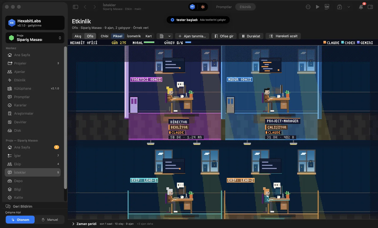 Pixel-style Agent Office: the director’s room, the leads’ room and team desks with agent status labels