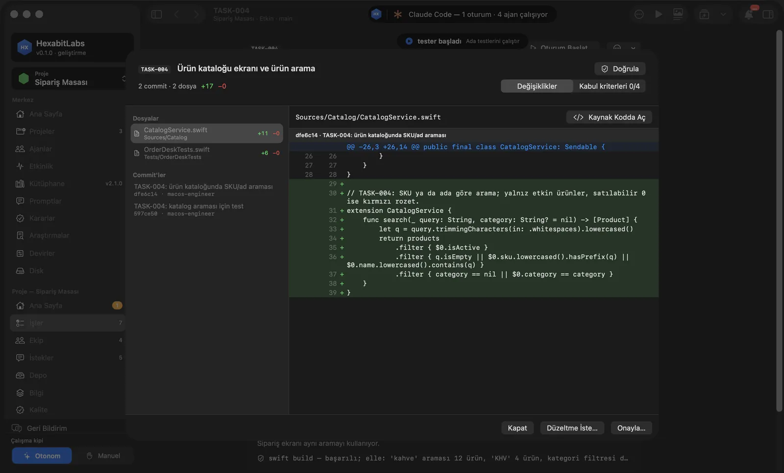 Diff tabanlı inceleme: iki commit, iki dosya, satır farkı, Doğrula ve Kaynak Kodda Aç düğmeleri