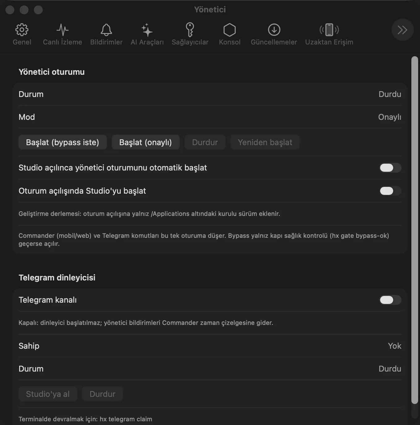 Ayarlar Yönetici sekmesi: Yönetici oturumu durumu ve düğmeleri, Telegram dinleyicisi anahtarı, sahip ve durum