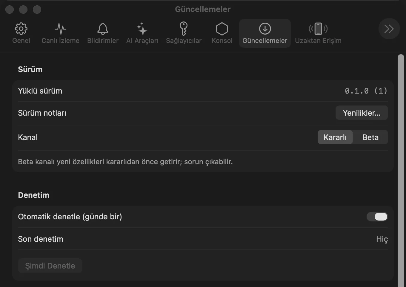 Ayarlar Güncellemeler: yüklü sürüm, Yenilikler, Kararlı/Beta kanal seçimi, otomatik denetim ve Şimdi Denetle