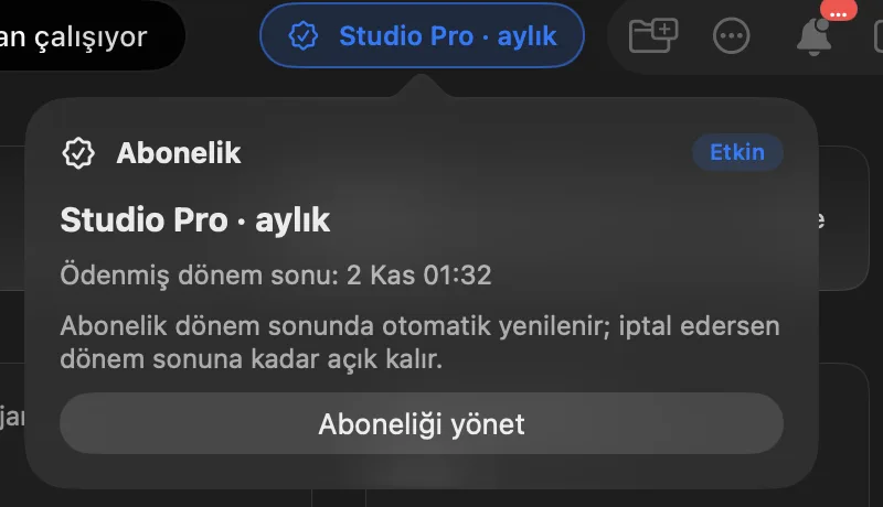 Studio Pro monthly badge in the toolbar and the subscription popover: plan, period end, Manage subscription