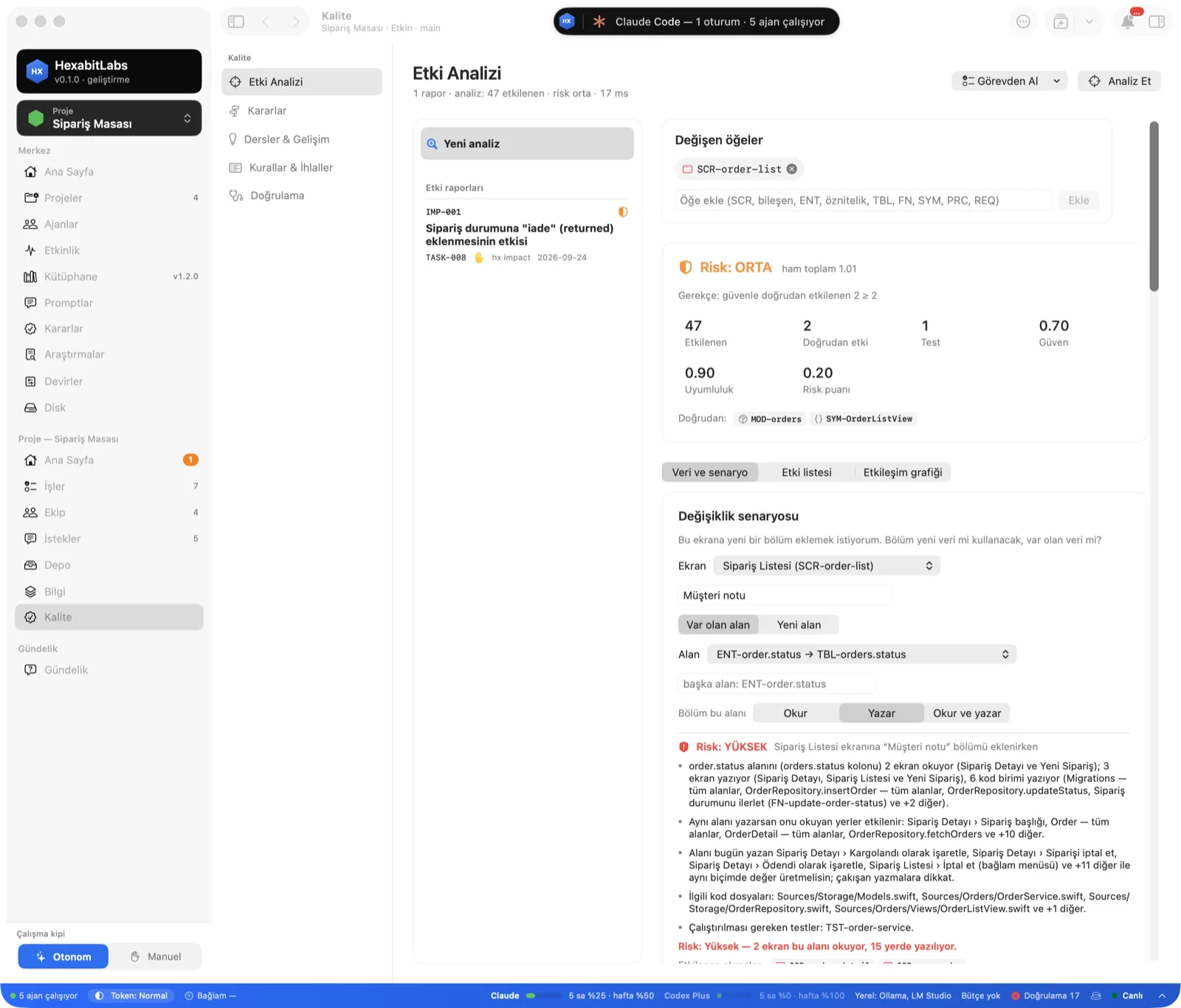 Impact Analysis screen: risk summary and a change scenario result