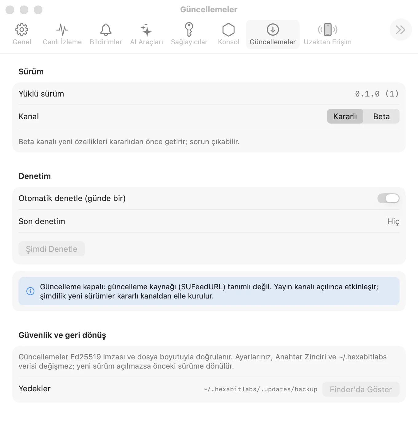 Settings Updates tab: installed version, channel choice, automatic check and security note