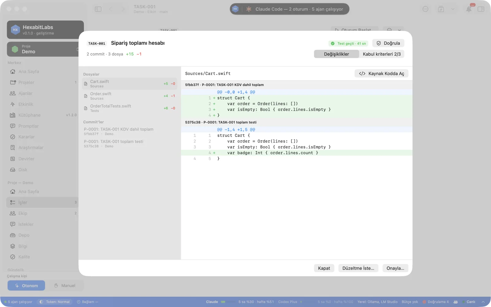 Task review screen: file and commit lists, line diff, Tests passed badge, Approve and Request changes buttons