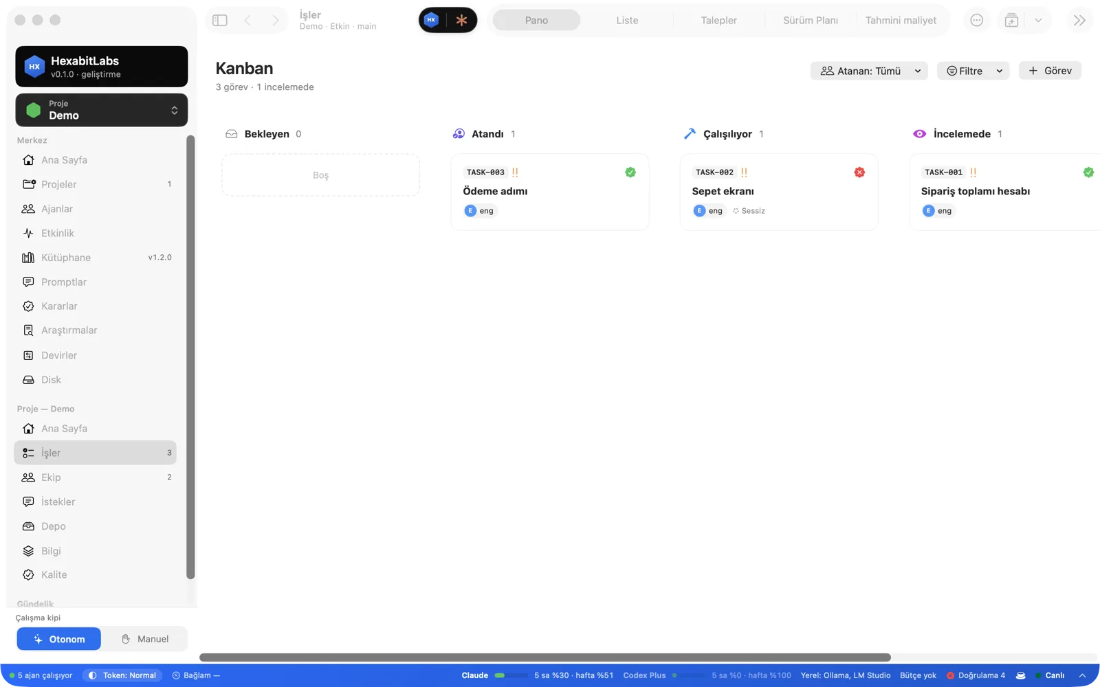 Tasks screen Kanban board: Pending, Assigned, In progress and In review columns; test badges on cards