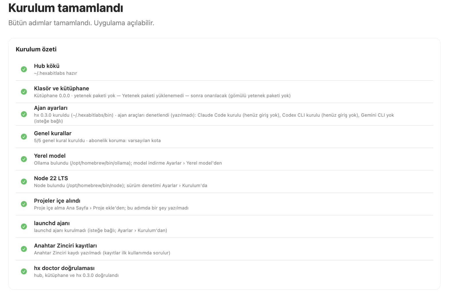 Setup complete summary: hub root, folder and library, agent settings, general rules, local model, Node, verification